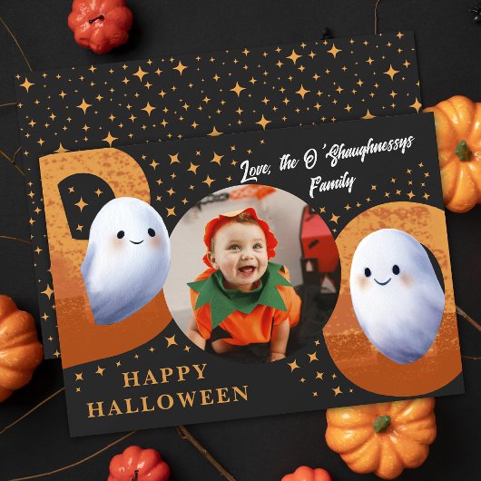 Schattige enge Halloween Boo Geest Foto Feestdagenkaart