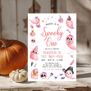 Schattige enge roze Halloween-geest 1e verjaardag Kaart