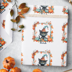 Schattige enge zwarte kat heks hoed pompoen Hallow Cadeaupapier