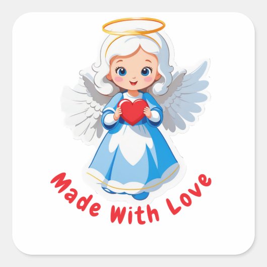 😇 Schattige engel met rode hart en witte vleugels Vierkante Sticker (Voorkant)