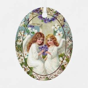Schattige engelen met kruis en bloemen metalen ornament