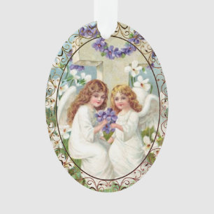 Schattige engelen met kruis en bloemen ornament