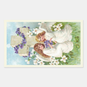 Schattige engelen met kruis en bloemen rechthoekige sticker