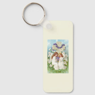 Schattige engelen met kruis en bloemen sleutelhanger