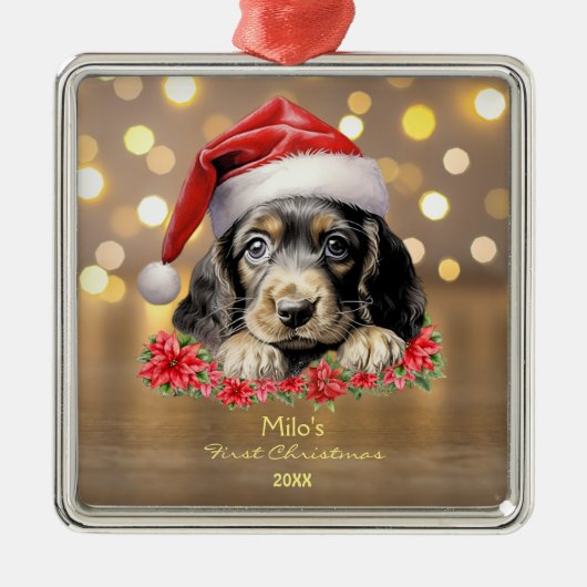 Schattige Engels Cocker Spaniel Dog Santa Hat Art Metalen Ornament (Voorkant)