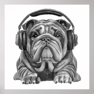 Schattige Engelse buldog met koptelefoon Poster