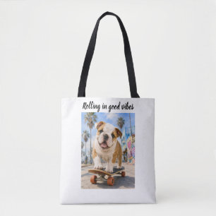  SCHATTIGE ENGELSE BULLDOG OP SKATEBOARD     TOTE BAG