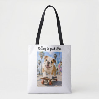SCHATTIGE ENGELSE BULLDOG OP SKATEBOARD TOTE BAG