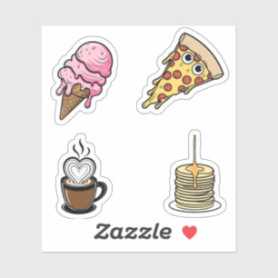 Schattige eten Sticker set, pizza, ijsje, koffie