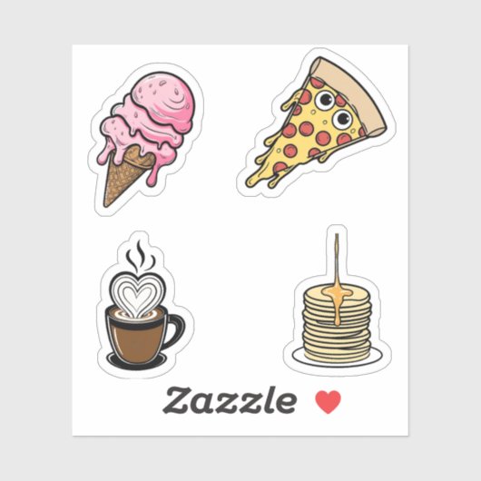 Schattige eten Sticker set, pizza, ijsje, koffie (Vel)