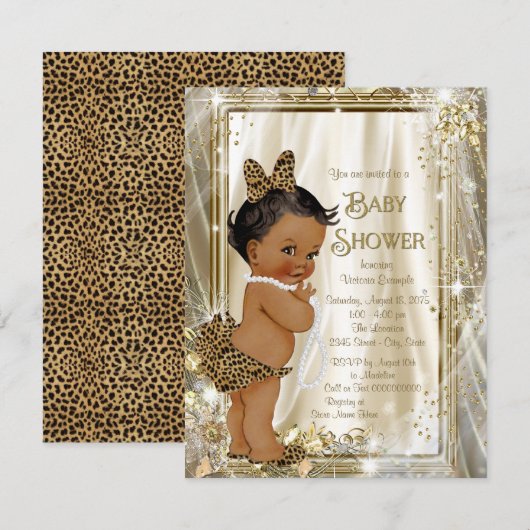 Schattige Etnisch Meisje Leopard Pearls Baby showe Kaart (Voorkant / Achterkant)