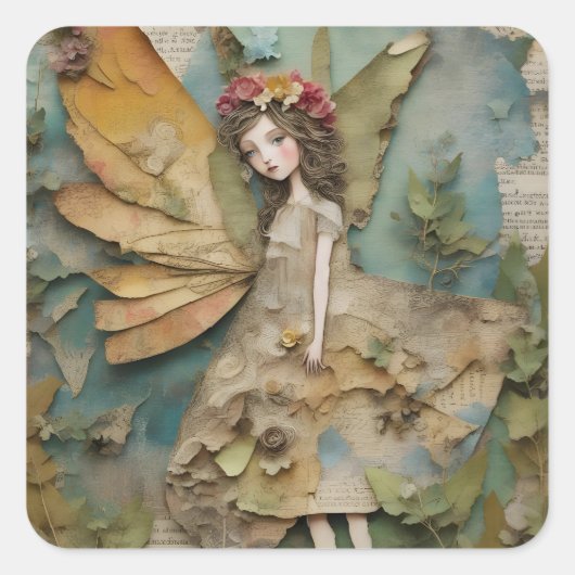 Schattige Fairy Mixed Media Collage Vierkante Sticker (Voorkant)
