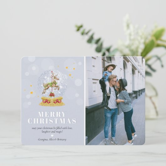 Schattige familiefoto Sneeuwbol Prettig Kerstfeest Feestdagenkaart (Staand voorkant)