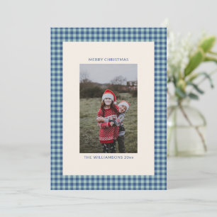 Schattige familiefoto turkooisblauwe geruite kerst feestdagenkaart
