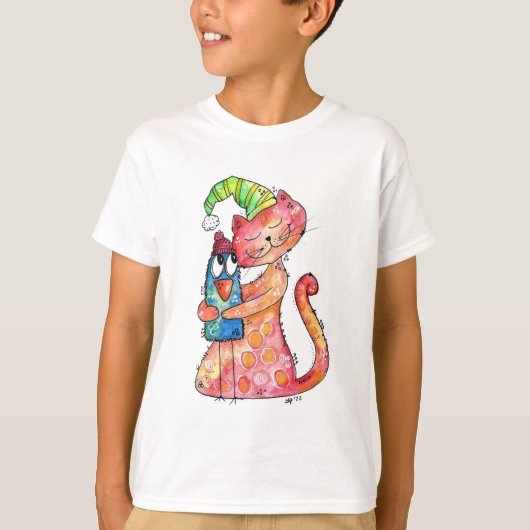 Schattige Fantasie Kat Liefheeft Vogel  T-shirt (Voorkant)