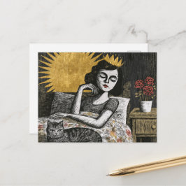Schattige fantasieprinses en haar kat in bed briefkaart