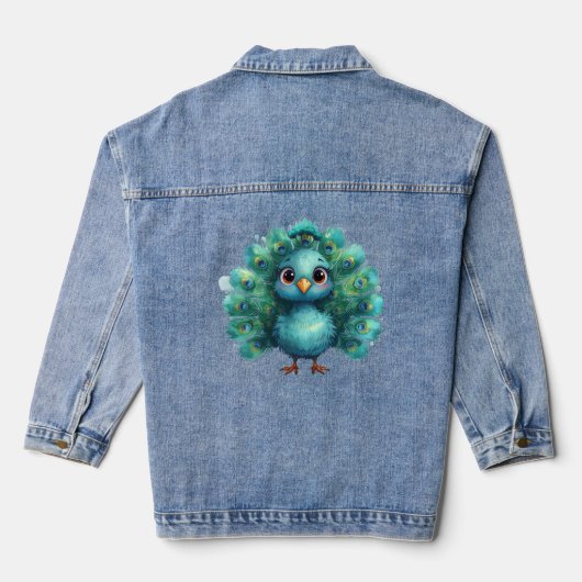 Schattige fantasievolle blauwe pauw denim jacket (Achterkant)
