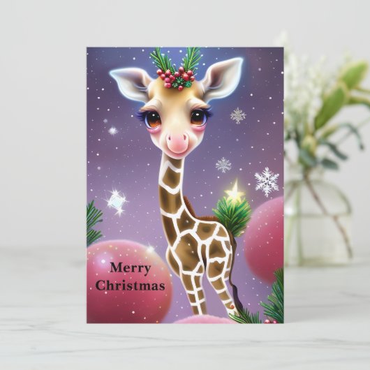 Schattige Fantasy Baby Giraffe met Holly Feestdagenkaart (Staand voorkant)