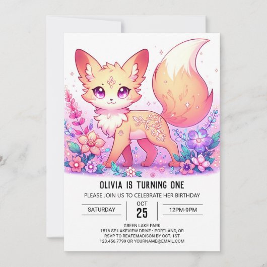 Schattige Fantasy Fox 1e verjaardag Kaart (Voorkant)