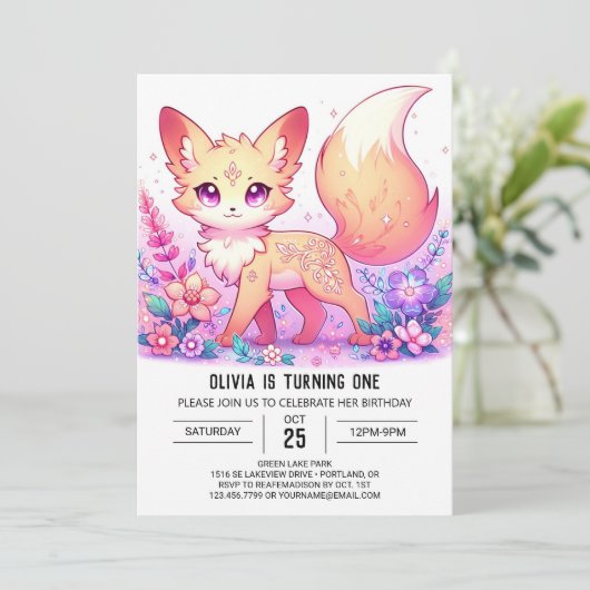 Schattige Fantasy Fox 1e verjaardag Kaart (Staand voorkant)