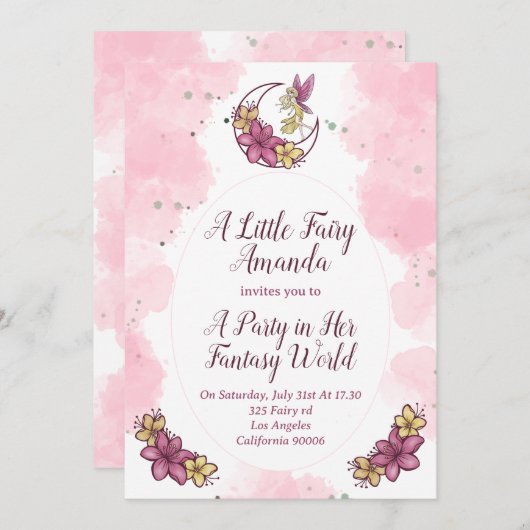 Schattige Fantasyfee op de Maan Feest Uitnodiging (Voorkant / Achterkant)
