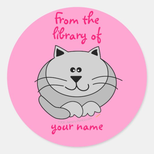 Schattige Fat Cat Pink Gepersonaliseerde Kinder Bo Ronde Sticker (Voorkant)