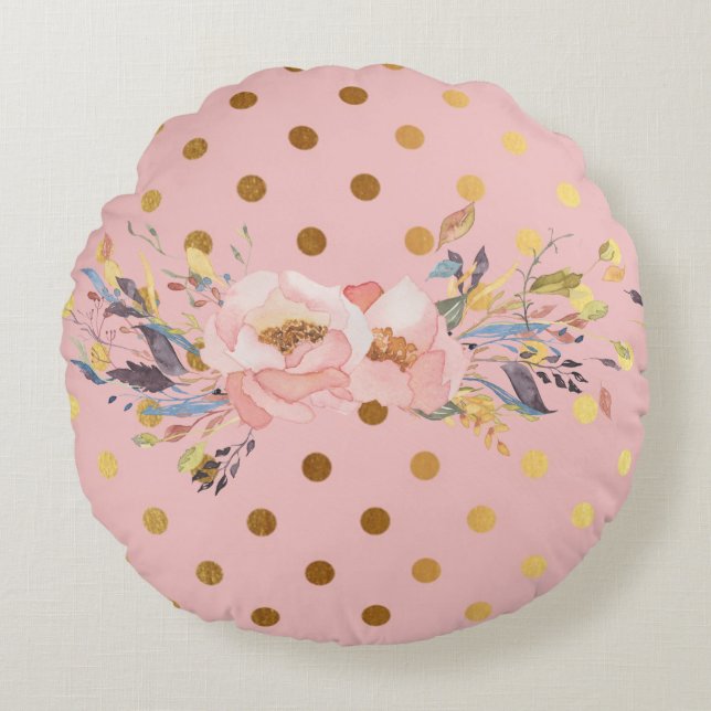 Schattige Faux Gold Polka Dots Flowers Rond Kussen (Voorkant)