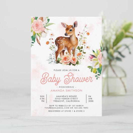 Schattige Fawn Waterverf Bloemen Herten Baby showe Kaart (Staand voorkant)