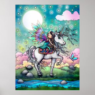 Schattige fee die eenhoorn rijdt Kunst voor kinder Poster