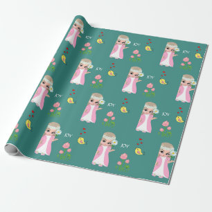 Schattige fee-elf en bloemen op turquoise cadeaupapier