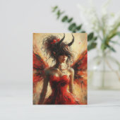 Schattige fee in een rode jurk met hoorns briefkaart (Staand voorkant)