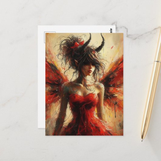 Schattige fee in een rode jurk met hoorns briefkaart (Voorkant / Achterkant in situ)