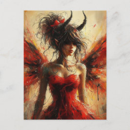 Schattige fee in een rode jurk met hoorns briefkaart