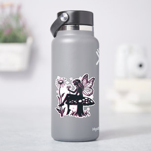 Schattige Fee Paddenstoel en Bloem Zwart & Roze Sticker