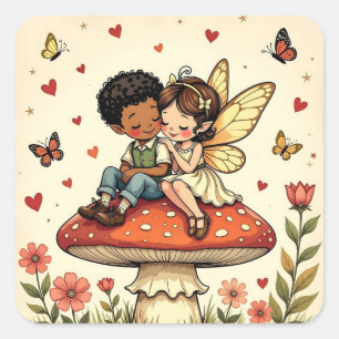 Schattige feeën op retro paddenstoelen vintage vierkante sticker
