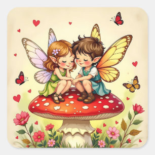 Schattige feeën op retro paddenstoelen vintage vierkante sticker