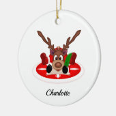 Schattige Feestelijk Kerstrendier Aangepast Keramisch Ornament (Links)