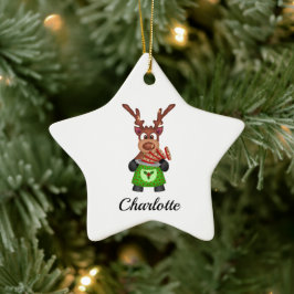 Schattige Feestelijk Kerstrendier Aangepast Keramisch Ornament