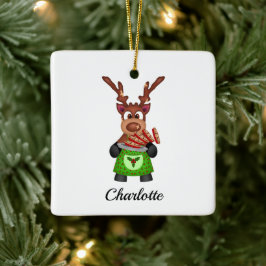 Schattige Feestelijk Kerstrendier Aangepast Keramisch Ornament
