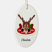 Schattige Feestelijk Kerstrendier Aangepast Keramisch Ornament (Rechts)