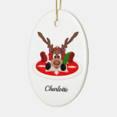 Schattige Feestelijk Kerstrendier Aangepast Keramisch Ornament (Links)