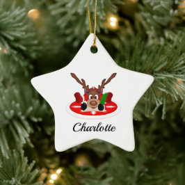 Schattige Feestelijk Kerstrendier Aangepast Keramisch Ornament