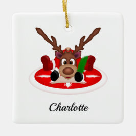 Schattige Feestelijk Kerstrendier Aangepast Keramisch Ornament