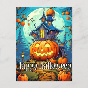 Schattige feestelijk spookhuis   Happy Halloween Briefkaart