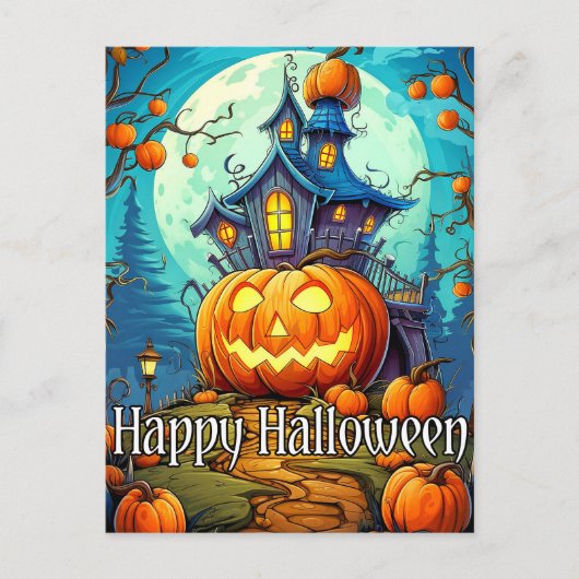 Schattige feestelijk spookhuis | Happy Halloween Briefkaart (Voorkant)