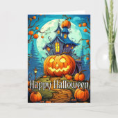 Schattige feestelijk spookhuis | Happy Halloween Kaart (Voorkant)
