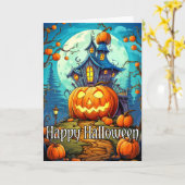 Schattige feestelijk spookhuis | Happy Halloween Kaart (Gele Bloem)