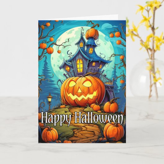 Schattige feestelijk spookhuis | Happy Halloween Kaart (Gele Bloem)