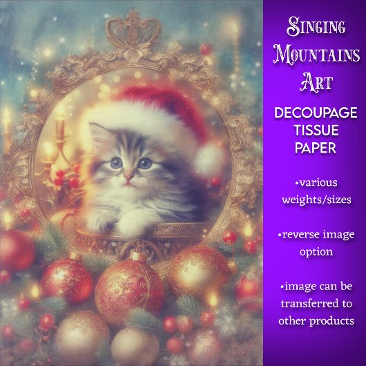 Schattige Feestelijke Kat Vintage Kerst Decoupage Tissuepapier