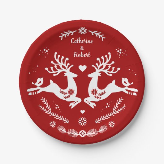 Schattige Festelijke Scandi Rode Witte Kerstherten Papieren Bordje (Voorkant)